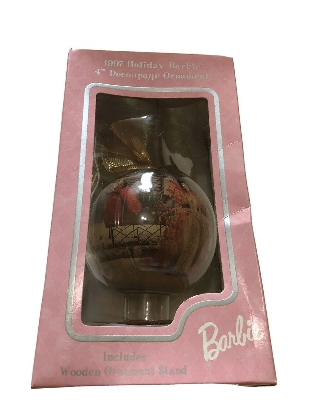 Vintage Holiday Barbie Big Ornament Decoupage Christmas 4" Wood Stand 1997